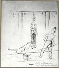 Grafik mit der Darstellung der Pfostenstrafe (einer der grausamsten in Dachau), erstellt von einem Gefangenen im Lager Dachau – Priester Wladyslaw Sarnik (Privatsammlung von Maria Sarnik-Konieczna)