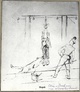 Grafik mit der Darstellung der Pfostenstrafe (einer der grausamsten in Dachau), erstellt von einem Gefangenen im Lager Dachau – Priester Wladyslaw Sarnik (Privatsammlung von Maria Sarnik-Konieczna)