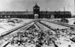 Das Eingangstor zum KL Auschwitz-Birkenau; Januar 1945 (AIPN)